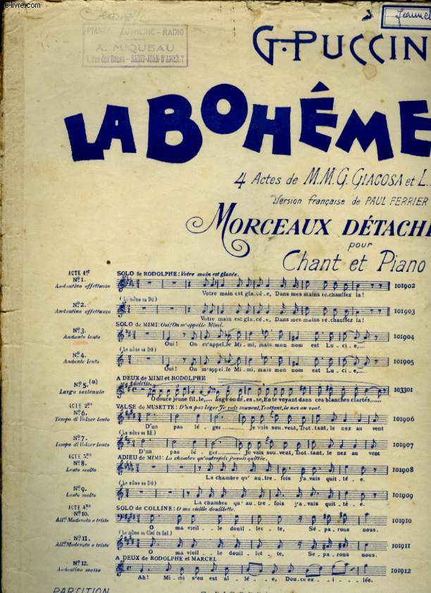 LA BOHEME MORCEAUX DETACHES POUR CHANT ET PIANO N3