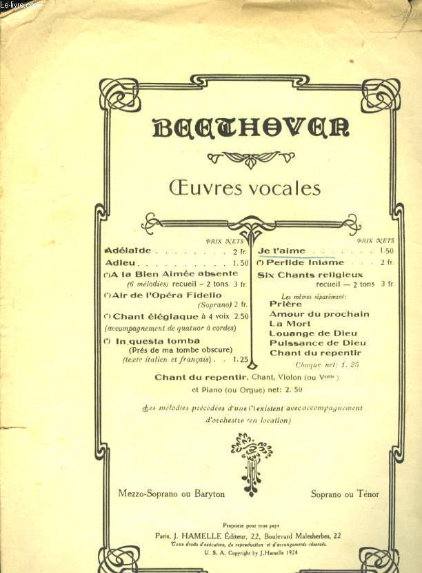 OEUVRES VOCALES  JE T'AIME