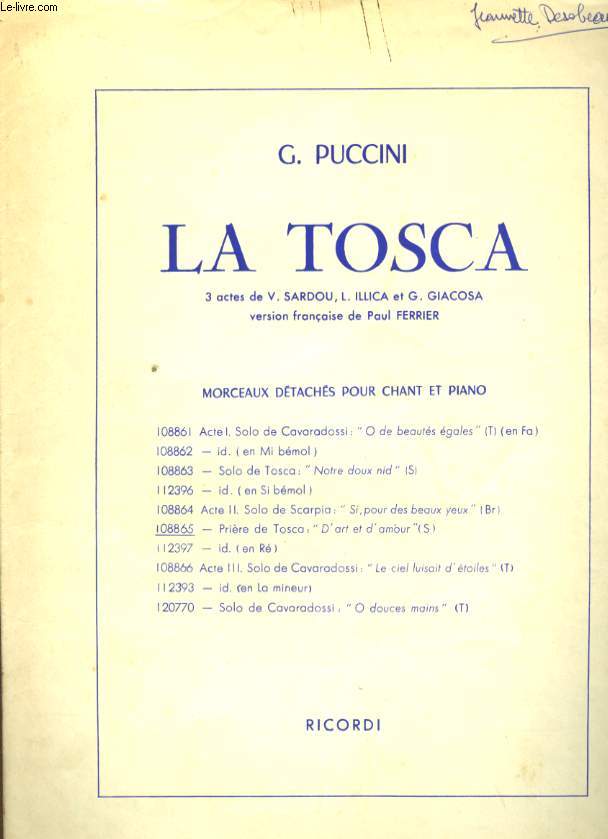 LA TOSCA 3 ACTES N 108865 PRIERE DE TOSCA