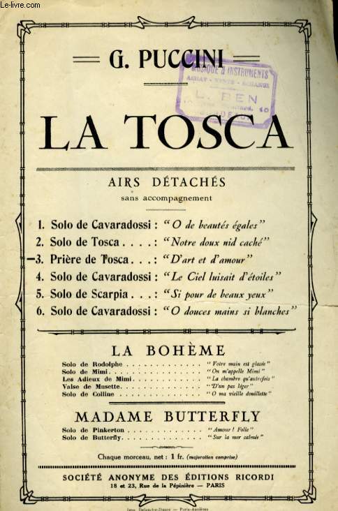 LA TOSCA N 3 PRIERE DE TOSCA D'ART ET D'AMOUR