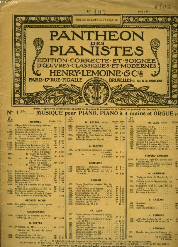 PANTHEON DES PIANISTES N° 107 SONATES POUR PIANO
