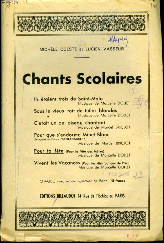 CHANTS SCOLAIRES POUR TA FTE