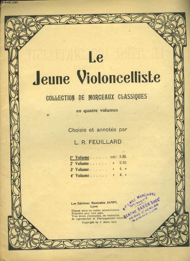 LE JEUNE VIOLONCELLISTE COLLECTION DE MORCEAUX CLASSIQUES IER VOLUME