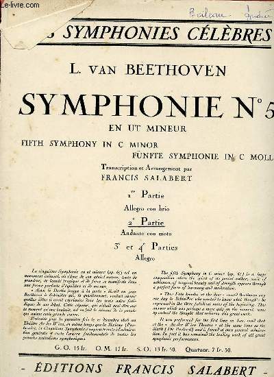 SYMPHONIE N5 EN UT MINEUR. 2ME PARTIE ANDANTE CON MOTO. 1ERS VIOLONS.