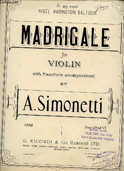 MADRIGALE FOR VIOLIN WITH PIANOFORTE ACCOMPANIMENT.