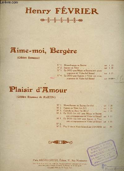 AIME-MOI, BERGERE. CELEBRE ROMANCE. N2 SOPRANO ET TENOR.