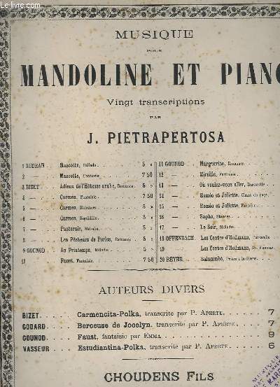MUSIQUE POUR MANDOLINE ET PIANO - N 17 : LE SOIR, MELODIE - OP. 39