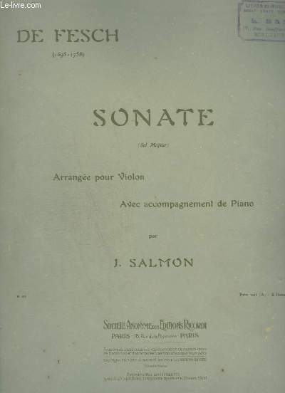 SONATE (SOL MAJEUR) - ARRANGEE POUR VIOLON AVEC ACCOMPAGNEMENT DE PIANO - OP.60.