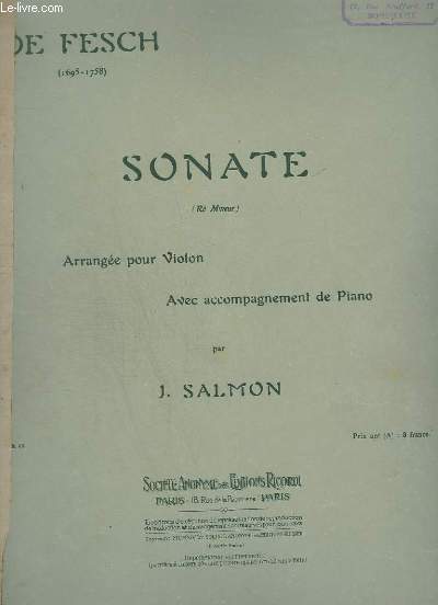 SONATE (RE MINEUR) - ARRANGEE POUR VIOLON AVEC ACCOMPAGNEMENT DE PIANO - OP.63.