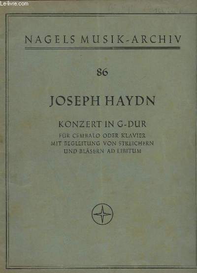 KONZERT IN G-DUR - N86 -FUR CEMBALO ODER KLAVIER - MIT BEGLEITUNG VON STREICHERN UND BLASERN AD LIBITUM.