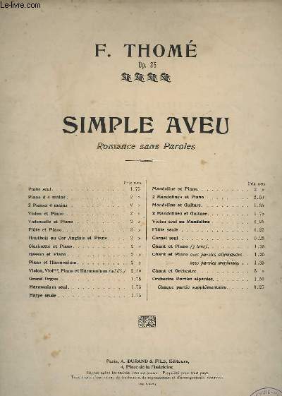 SIMPLE AVEU - OP.25 - ROMANCE SANS PAROLES - PIANO A 4 MAINS.