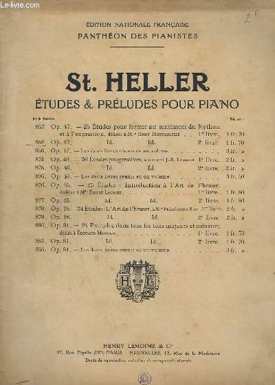 ETUDES ET PRELUDES POUR PIANO - N858 - OP.47 - 25 ETUDES POUR FORMER AU SENTIMENT DU RYTHME ET A L'EXPRESSION - LIVRE N 2 : DE 15 A 25.