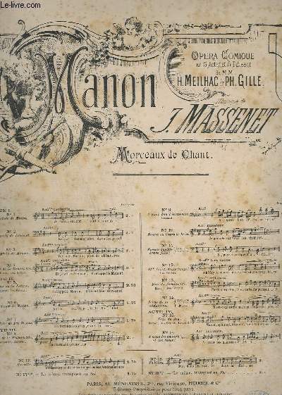 MANON - MORCEAUX DE CHANT - N 6 : ADIEUX DE MANON - PIANO ET CHANT.