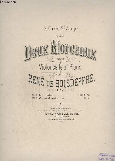 2 MORCEAUX POUR VIOLONCELLE ET PIANO - OP.51 - N2 : CHANT D'AUTOMNE.