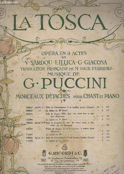 LA TOSCA - ACTE 2 : PRIERE DE TOSCA : D'ART ET D'AMOUR JE VIVAIS TOUTE (EN RE) - CHANT/PIANO.