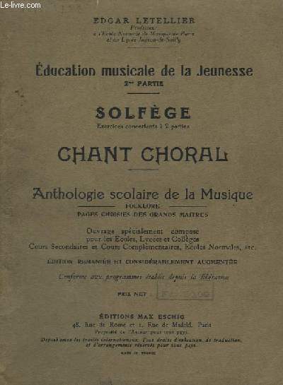 EDUCATION MUSICALE DE LA JEUNESSE - 2 PARTIE - SOLFEGE CHANT CHORAL - EXERCICES CONCERTANTS A 2 PARTIES.