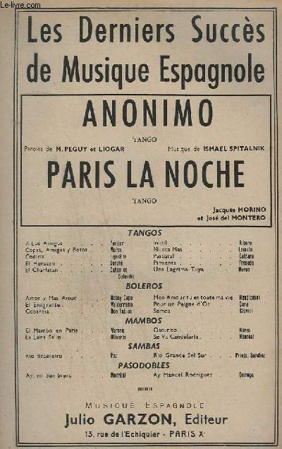 ANONIMO + PARIS LA NOCHE - SAXO ALTO MIB + PIANO CONDUCTEUR + BANDONEON A+B+C + VIOLON A+B+C + CONTREBASSE + TROMPETTE SIB + CELLO / TROMBONE + BATTERIE.
