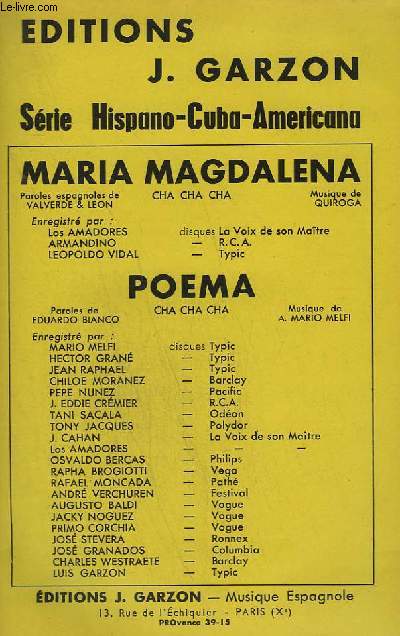 MARIA MAGDALENA + POEMA - TEXTE EN FRANCAIS ET ESPAGNOL - VOCAL + PIANO + ACCORDEON / VIOLON + CONTREBASSE / GUITARE + 1 SAXO ALTO MIB + 2 SAXO TENOR SIB + 3 SAXO ALTO MIB+4 SAXO TENOR SIB+1 TROMPETTE SIB+2 TROMPETTE SIB+3 TROMPETTE SIB+TROMBONE.