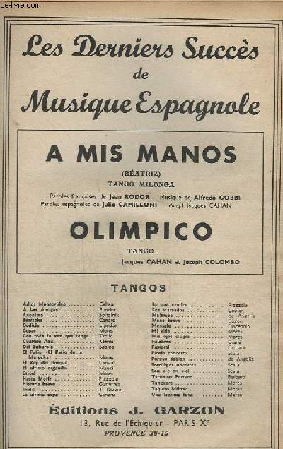 OLIMPICO + A MIS MANOS - BANDONEON A+B + PIANO + VIOLON A+B + CONTREBASSE + SAXO ALTO MIB + CHANT.