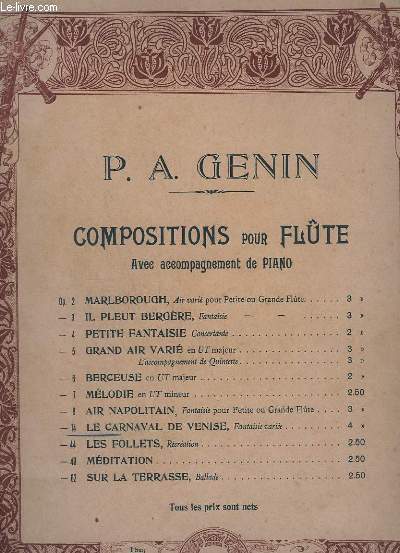 COMPOSITIONS POUR FLUTE - AVEC ACCOMPAGNEMENT DE PIANO - OP.14 : LE CARNAVAL DE VENISE.