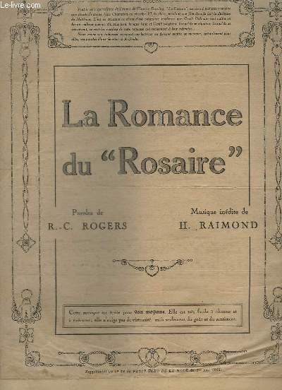 LA ROMANCE DU ROSAIRE - SUPPLEMENT AU N18 DU PETIT ECHO DE LA MODE DU 1 MAI 1921 - PIANO + CHANT.