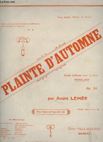PLAINTE D'AUTOMNE - PIANO - OP.34.