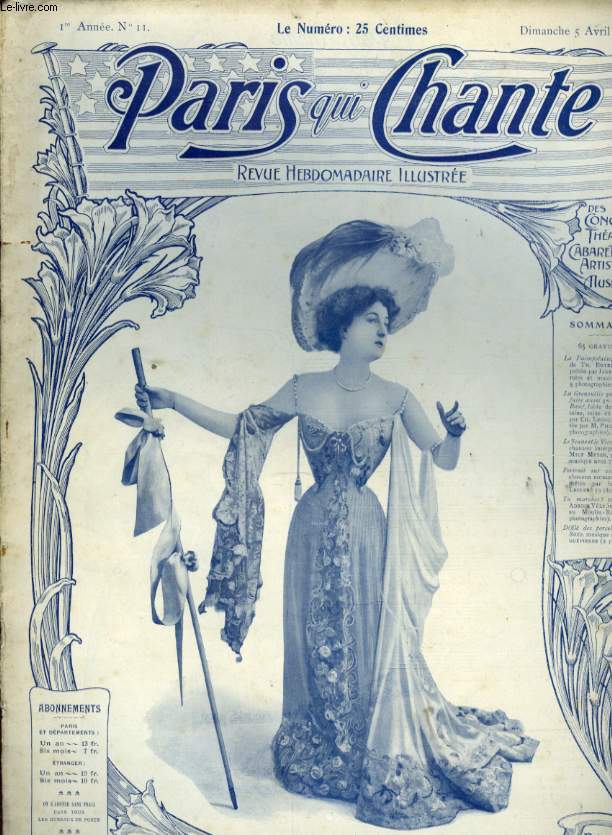 PARIS QUI CHANTE 1re anne N 11 la Paimpolaise par TH. BOTREL, La Grenouille qui veut se faire aussi grosse que le boeuf par CH. LECOQ, Le Jeune et le Vieux par M. MEYER, Portrait sur commande par LECLERC, Tu marches par A. VELY, Dfil des porcelaines.