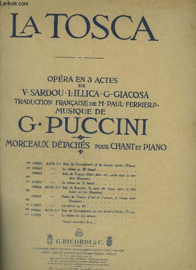 LA TOSCA - ACTE 2 : D'ART ET D'AMOUR JE VIVAIS TOUTE - PIANO ET CHANT.