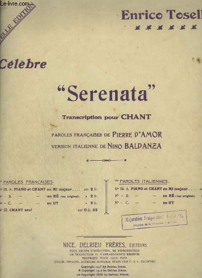 SERENATA - 22 B : PIANO ET CHANT EN RE- TON ORIGINAL.