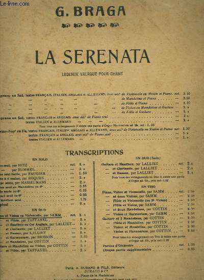 LA SERENATA - LEGENDE VALAQUE - PIANO + VIOLON OU VIOLONCELLE.