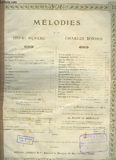LA VIE ANTERIEURE - POUR PIANO ET CHANT VOIX ELEVEES.