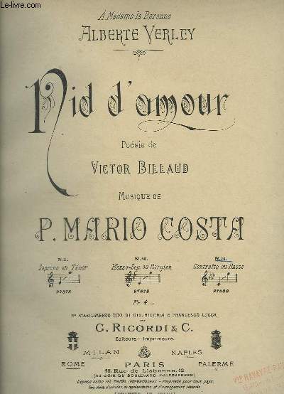 NID D'AMOUR - POUR PIANO ET CHANT CONTRALTO OU BASSE.