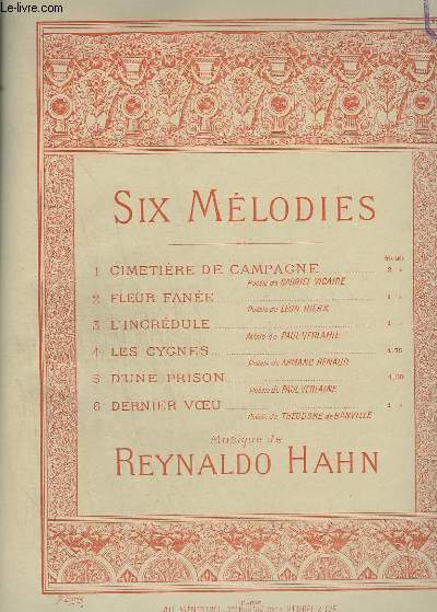 SIX MELODIES - N4 : LES CYGNES - POUR PIANO ET CHANT.