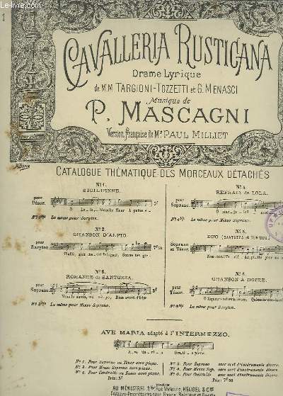 CAVALLERIA RUSTICANA - N1 : SICILIENNE POUR PIANO ET CHANT TENOR.