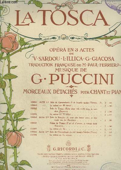 LA TOSCA - N108863 : ACTE 1 : NOTRE DOUX NID, CACHE DANS LA VERDURE - PIANO ET CHANT SOPRANO.