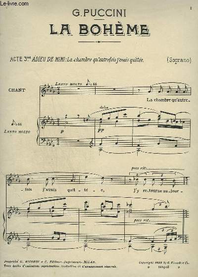 LA TOSCA - N101908 : ACTE 3 : ADIEU DE MIMI : LA CHAMBRE QU'AUTREFOIS J'AVAIS QUITTEE - PIANO ET CHANT SOPRANO.