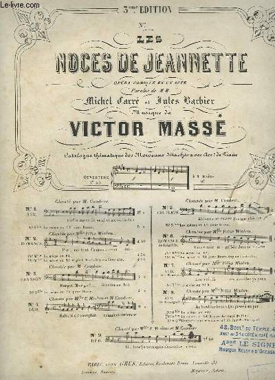 LES NOCES DE JEANNETTE - N2 BIS : ROMANCE POUR PIANO ET CHANT.