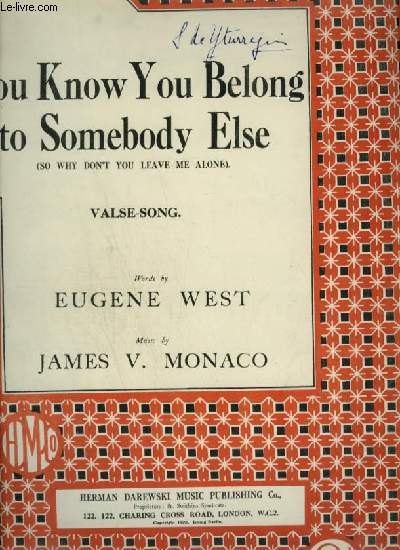 YOU KNOW YOU BELONG TO SOMEBODY ELSE - PIANO + VOICE.