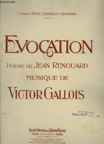 EVOCATION - PIANO ET CHANT. - GALLOIS VICTOR - 1915 - Afbeelding 1 van 1