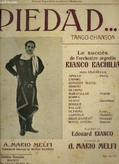 PIEDAD - TANGO CANCION POUR PIANO ET CHANT.