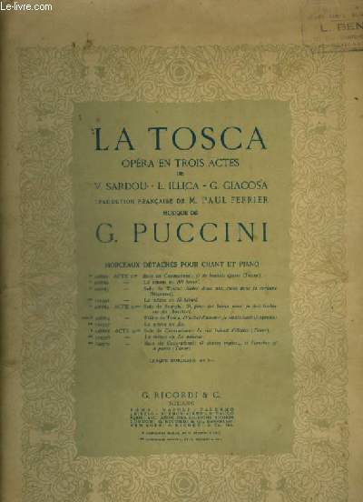 LA TOSCA - OPERA EN 3 ACTES N108865 : ACTE 2 PRIERE DE LA TOSCA : D'ART ET D'AMOUR JE VIVAIS TOUTE - CHANT SOPRANO + PIANO.