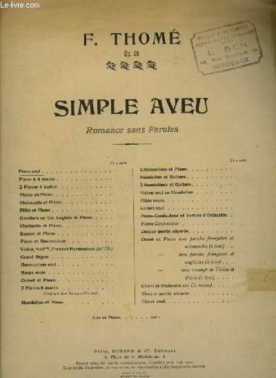 SIMPLE AVEU - ROMANCE SANS PAROLES POUR PIANO.