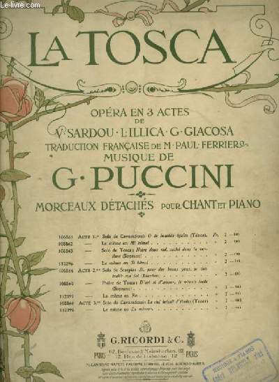 LA TOSCA - N108865 - ACTE 2 : PRIERE DE TOSCA : D'ART ET D'AMOUR JE VIVAIS TOUTE - PIANO ET CHANT SOPRANO.