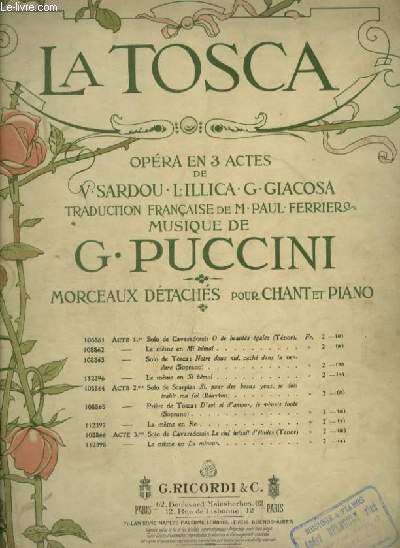 LA TOSCA - N108865 - ACTE 2 : PRIERE DE TOSCA : D'ART ET D'AMOUR JE VIVAIS TOUTE - PIANO ET CHANT SOPRANO.