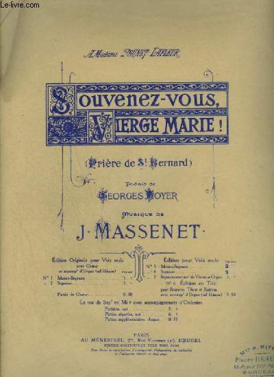 SOUVENEZ-VOIUS VIERGE MARIE ! - PIANO ET CHANT MEZZO SOPRANO.