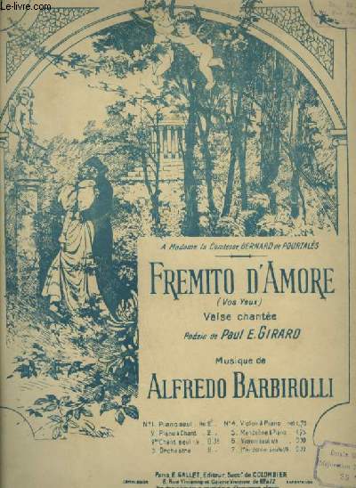 FREMITO D'AMORE - POUR PIANO ET CHANT AVEC PAROLES FRANCAISES ET ITALIENNES.
