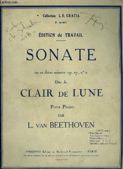 SONATE - EN UT DIESE MINEUR OP.27 N2 - DITE DU CLAIR DE LUNE POUR PIANO.