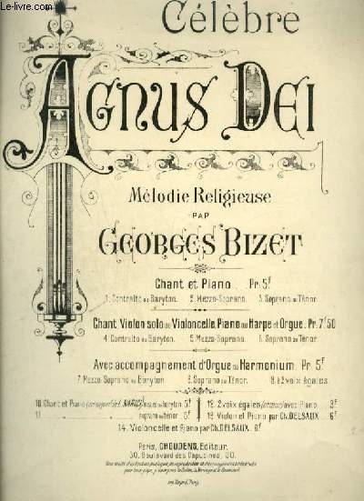 CELEBRE AGNUS DEI - MELODIE RELIGIEUSE POUR PIANO OU ORGUE + CHANT CONTRALTO OU BARYTON AVEC PAROLES.