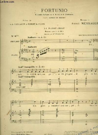 FORTUNIO - N8 BIS : LA MAISON GRISE POUR PIANO ET CHANT BARYTON OU MEZZO SOPRANO AVEC PAROLES.