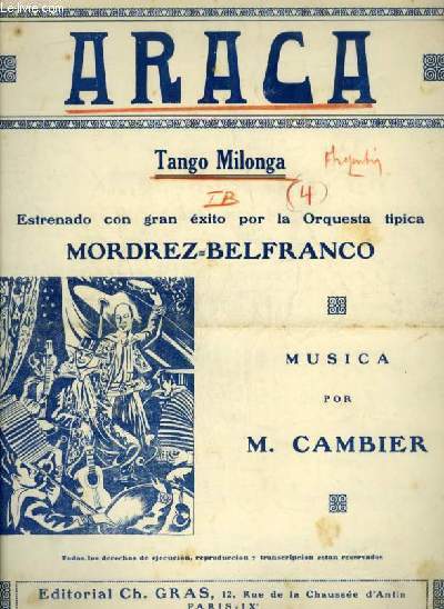 ARACA - TANGO POUR PIANO + VIOLONS (PARTITIONS MANUSCRITES).